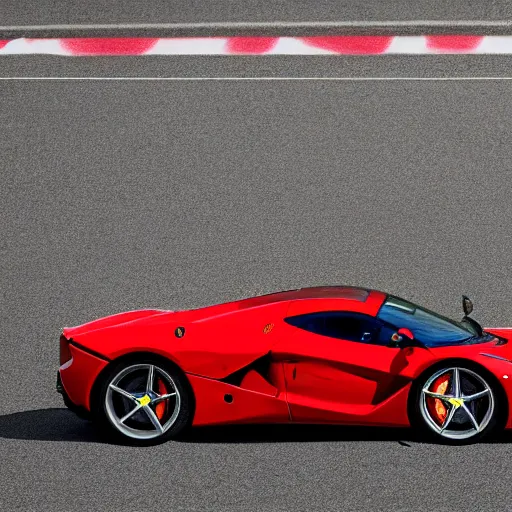 Image similar to 4K HD, high detail photograph,shot with Sigma f/ 4.2 , 250 mm sharp lens, overlap perspective, becoming the subject extreme wide shot ,shallow depth of field : (subject= ferrari laferrari and lewis hamilton + subject distance = very far + high detailed light refraction , high level texture render)