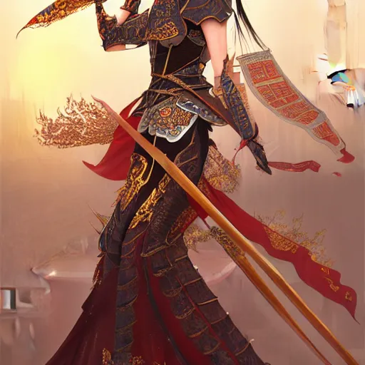 Image similar to portrait black hair young knights of Dynasty Warriors girl, rose golden color armor, in ruin chinese palace rooftop sunrise, ssci-fi and fantasy, intricate and very beautiful and elegant, highly detailed, digital painting, soft light, artstation, concept art, smooth and sharp focus, illustration, art by tian zi and WLOP and alphonse mucha