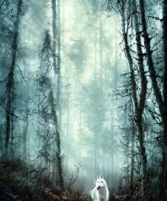 Image similar to a realistic white wolf, walking through a psychedelic forest, wide angle landscape shot, by national geographic and tom bagshaw