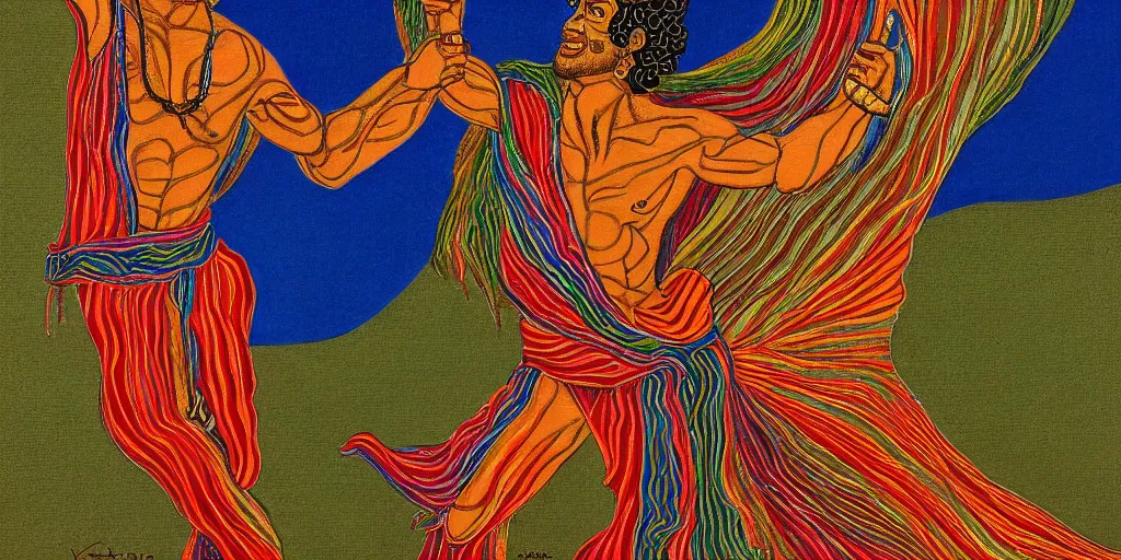 Image similar to an abstract spiritual background, portrait of a virile latino greek god dancing. 2 4 mm, photorealistic, muted color scheme, directed by mati klarwein