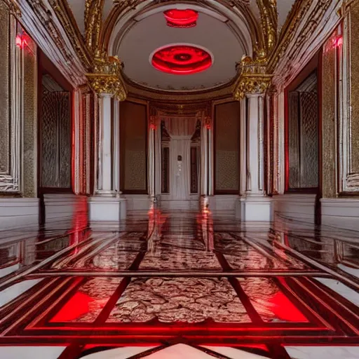 Prompt: an ornate pattern is defined by the reflection of red light on a white marble floor