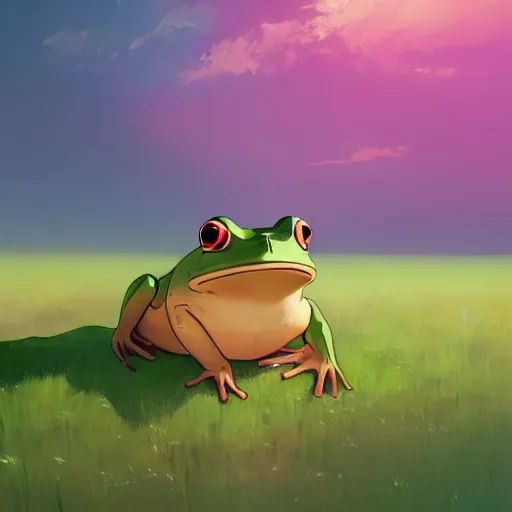 Image similar to portrait of a Dumpy Frog, farm field background, rich vivid colors, ambient lighting, dynamic lighting, 4k, HQ, official media, anime key visual, makoto shinkai, ilya kuvshinov, lois van baarle, rossdraws, detailed, trending on artstation