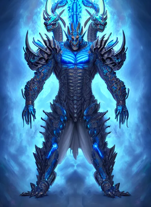 Image similar to muscular and tall blue ghostly fire humanoid dragon!!!! draconian!! intricate ornate iridescent heavy armor!! character concept art, sharp focus, octane render! unreal engine 5! highly rendered!! trending on artstation!! detailed linework!! illustration by artgerm, wlop, and chie yoshii