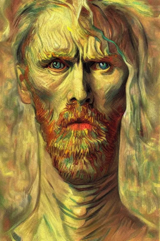 Image similar to portrait of the god of dreams, in the style of edvard munch, van gogh, digital art, artgerm, trending on artstation