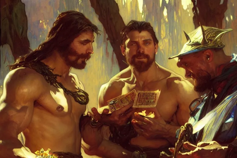 Image similar to 2 muscular attractive wizards playing magic, painting by gaston bussiere, craig mullins, greg rutkowski, alphonse mucha