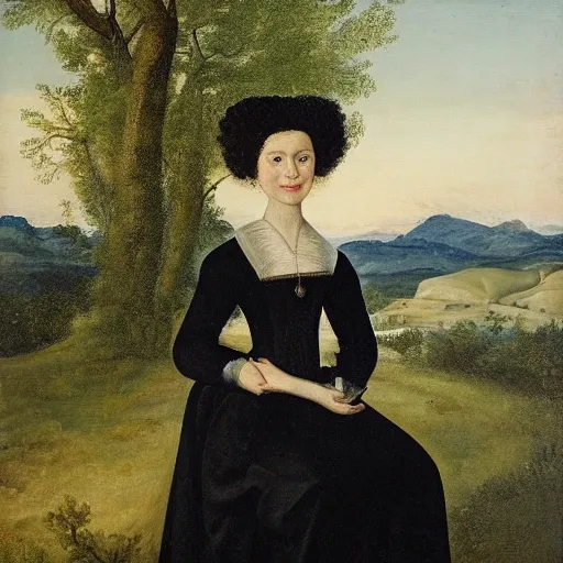 Image similar to young woman from the year 1 5 0 0, seated in front of a landscape background, her black hair is fine curly, she wears a dark green dress pleated in the front with yellow sleeves, puts her right hand on her left hand and smiles slightly, oil painting