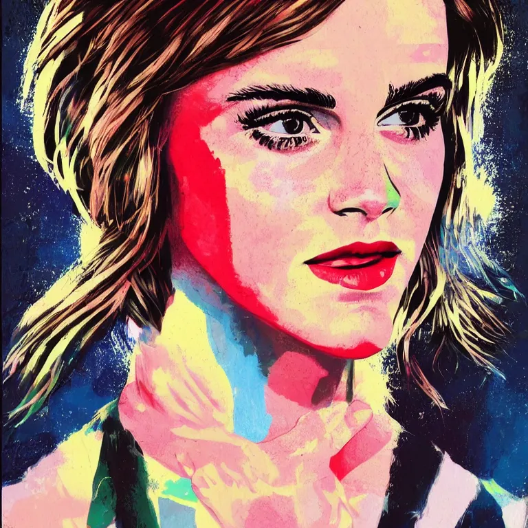 Prompt: Pop-art portrait of Emma Watson in style of Ed King, photorealism