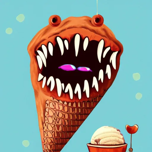 Prompt: an ice cream monster hanging upside down bigger than a bus with claws like a t - rex and teeth like a vampire, digital art,