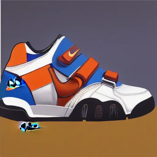 Image similar to retro futuristic Nike air trainer sneakers with straps by syd mead, matte painting, geometric shapes