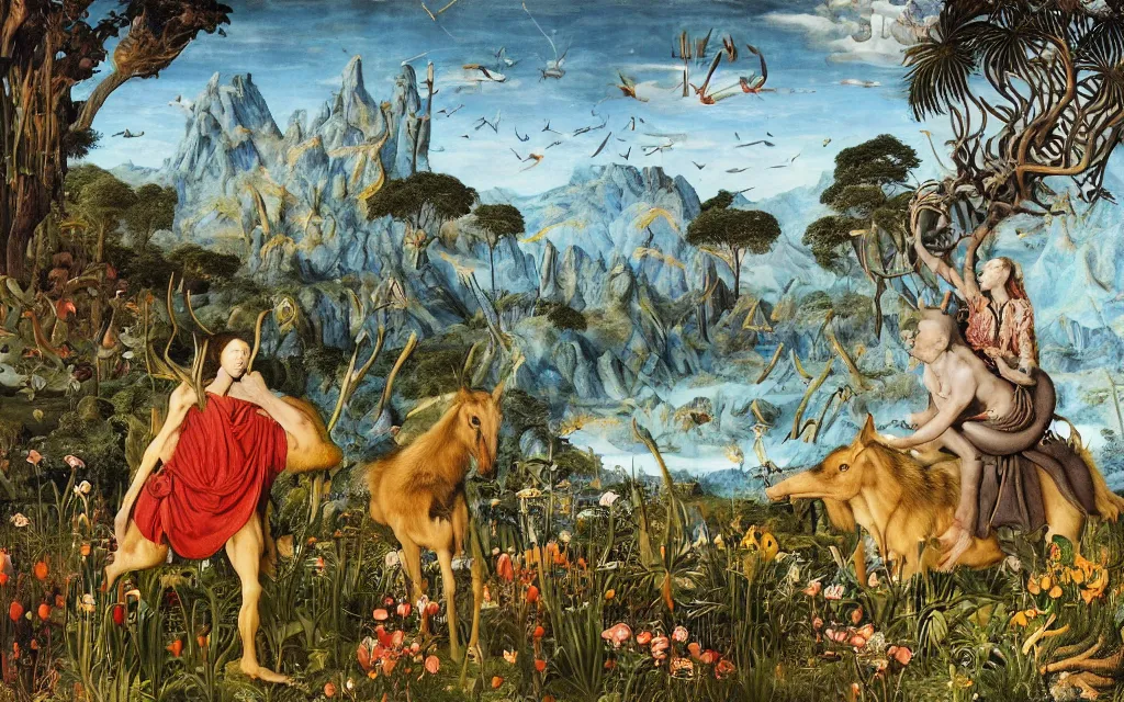 Prompt: a portrait photograph of a meditating werelwolf and a centaur king hunting tropical animals at a wide river delta. surrounded by bulbous flowers, animals, trees and mushrooms. mountain range under a vast blue sky of burning stars. painted by jan van eyck, max ernst, ernst haeckel and artgerm, cgsociety, artstation, fashion editorial