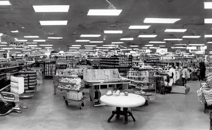 Image similar to interior of a 1950s style super market, retro equipment, red, black and white checkered patterns, us style