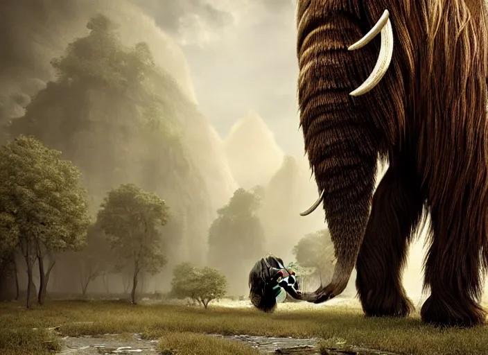 Image similar to hyperrealism, detailed textures, photorealistic, 3 d render, a surreal mystical wooly mammoth grazing, ultra realistic cinematic, intricate, cinematic light, concept art, illustration, art station, unreal engine