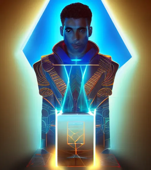 Image similar to symmetry!! egyptian prince of technology, solid cube of light, hard edges, product render retro - futuristic poster scifi, lasers and neon circuits, brown skin man egyptian prince, intricate, elegant, highly detailed, digital painting, artstation, concept art, smooth, sharp focus, illustration, dreamlike, art by artgerm