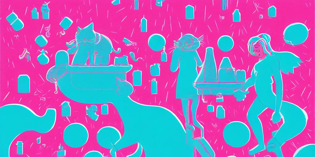 Prompt: risograph illustration, gigantic cat speaking to floating women in the air, cubes of ice around, a lot of tears, people crying, style by alberto mielgo, super - detailed, full - shot, 8 k