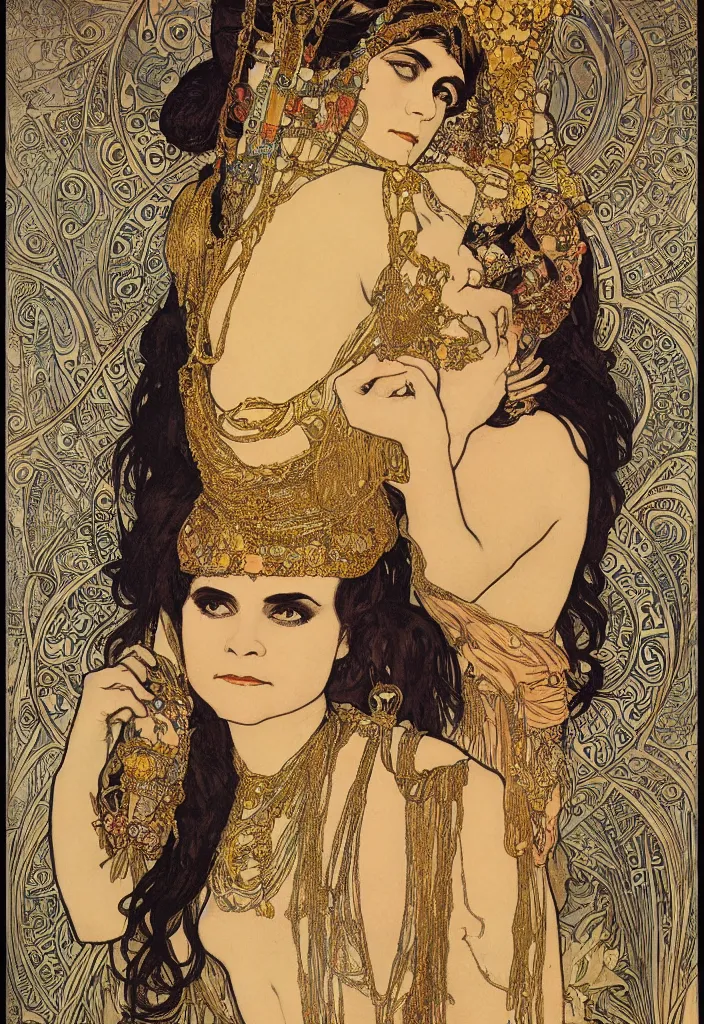 Image similar to realistic detailed Art Nouveau lithograph full-face portrait of Theda Bara as Cleopatra in an elaborate costume by Alphonse Mucha and Gustav Klimt