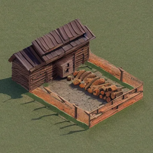 Prompt: medieval isometric saw mill building made of lumber and stone, primitive processing plant, beautiful design with warm colors, all kind of logs laying around, game asset 3d design