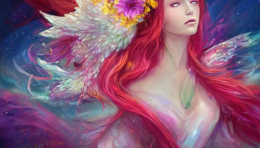 Image similar to a colorful and provenance portrait painting of a angel with her hugeflowers wings spread out gracefully, highly saturated colors, highly detailed, hair made of hair made of air wind and curling smoke, mist, dust, genie, flowers, flower, stars, spirit fantasy concept art, art by charlie bowater and aenami, trending on artstation.