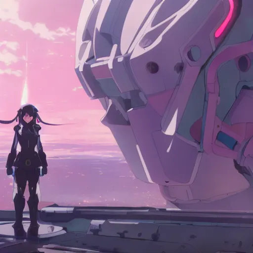 Prompt: Girl mecha pilot from the original anime Kyoukai Senki by Makoto Shinkai, character design by Greg Rutkowski, Key Visual, PV, dramatic wide angle shot of the wasteland, by Studio Trigger, vibrant neon pink