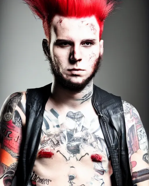 Prompt: man with a red dyed mohawk, dressed in punk clothing, portrait photo