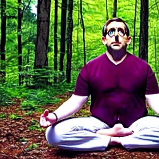 Image similar to chubby Steve Carell meditate in the Forest