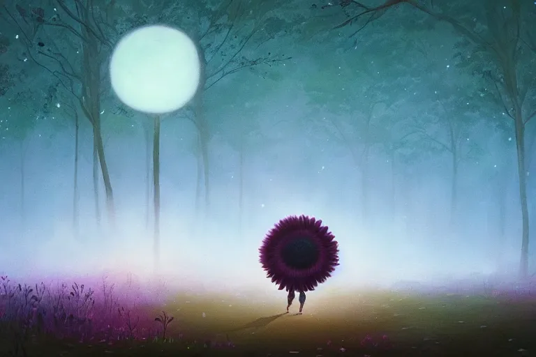 Prompt: giant daisy flower as head, girl walking in forest, surreal photography, dark night, stars, moon light, impressionist painting, clouds, digital painting, artstation, simon stalenhag