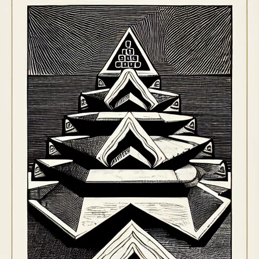 Prompt: an ornate illustration in the style of mandalic escher, wood engraving print, depicting a pyramid