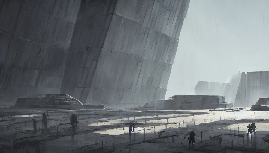 Image similar to big brutalist base, jama jurabaev, greig fraser, roger deakins, cinematic shot, trending on artstation, high quality, brush stroke