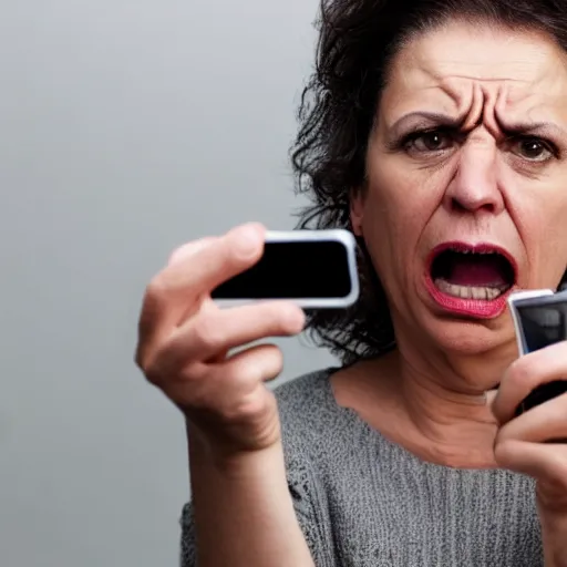 Image similar to astonished middle aged lady looking at smartphone angrily, wild hair, greek ethnicity, straight grey hair, angry eyes,