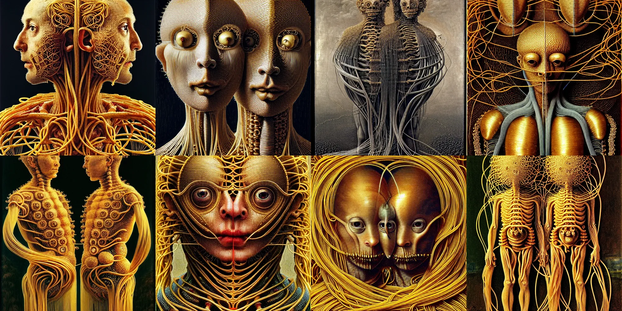 Prompt: 2 4 mm, zoomed out, full frame, golden ratio, siamese twins made of spaghetti, intricate armor made of fractals of spagetthi, highly detailed, by giuseppe arcimboldo and ambrosius benson, renaissance, a touch of beksinski, realistic, high definition