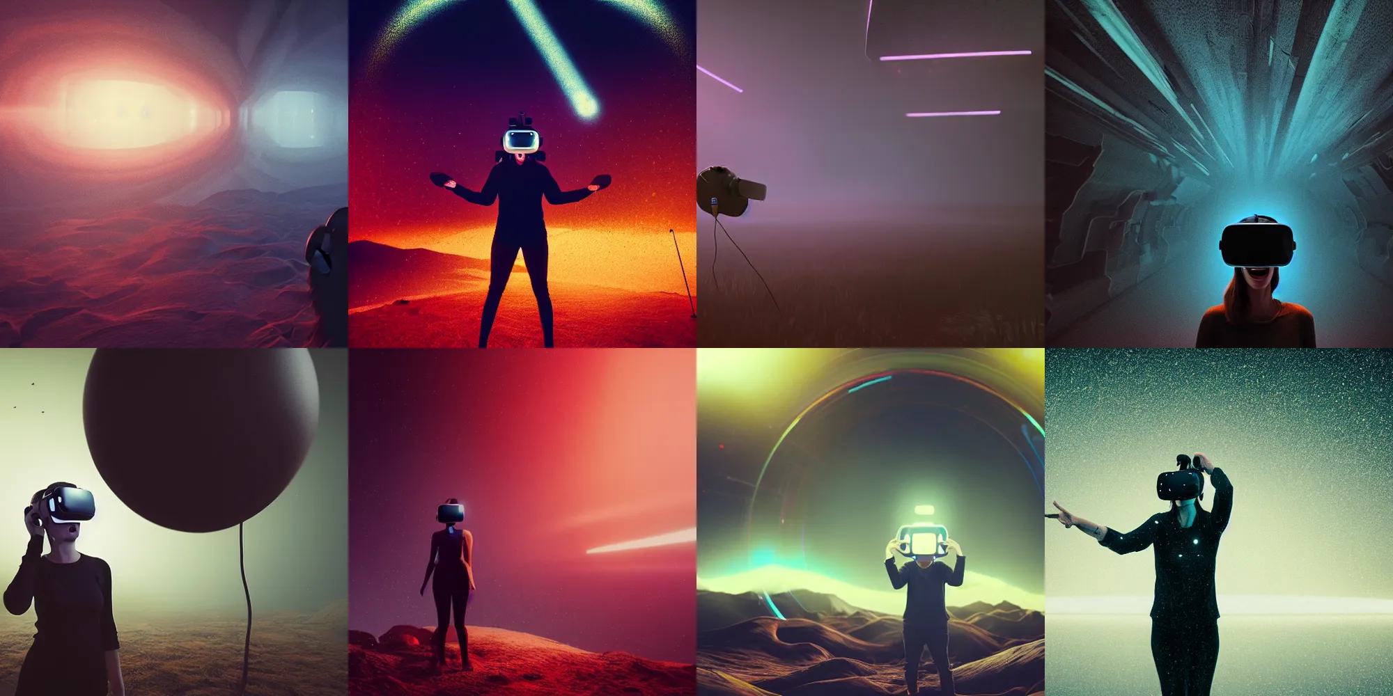 Prompt: beautiful dark landscape, person screaming wearing a virtual reality headset, in the style of beeple and Mike Winkelmann, intricate, epic lighting, cinematic composition, hyper realistic, 8k resolution, unreal engine 5,
