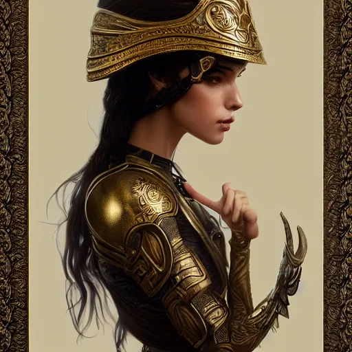 Prompt: an attractive young female wearing an ornate metallic helmet, olive skin, long dark hair, beautiful bone structure, intricate, elegant, highly detailed, digital painting, artstation, concept art, smooth, sharp focus, illustration, art by artgerm and greg rutkowski and alphonse mucha