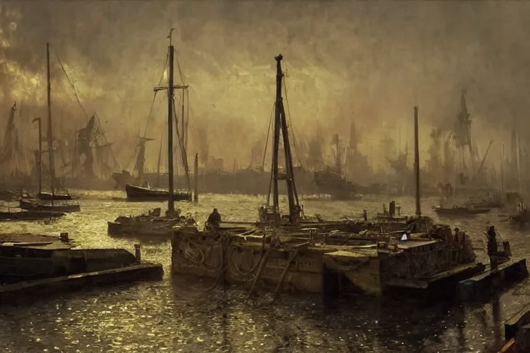 Image similar to The harbor docks on sicily , moody scene, highly detailed, intricate, sharp details, dystopian mood, 1950 scene by gaston bussiere, craig mullins, somber lighting, drawn by Giacomo Burattini, inspired by graphic novel cover art, hyperrealistic, 8k by RHADS