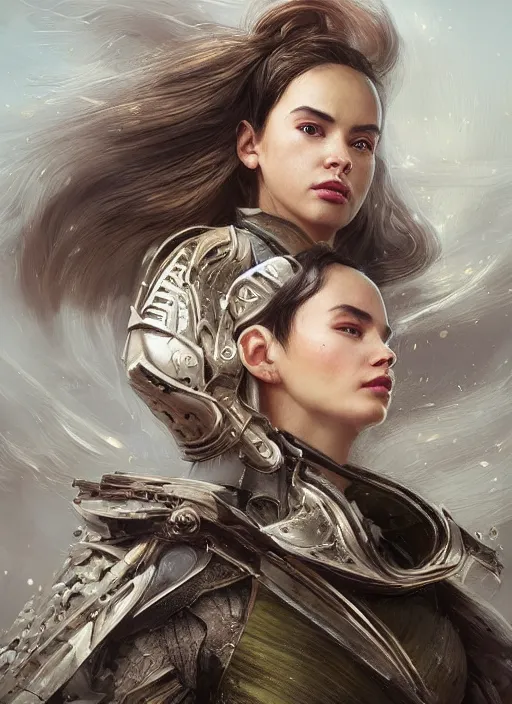 Image similar to a professional portrait of a beautiful young female, clothed in ethereal battle armor, olive skin, long dark hair, beautiful bone structure, symmetrical facial features, intricate, elegant, digital painting, concept art, smooth, sharp focus, finely detailed, illustration, from Valerian and the City of a Thousand Planets, in the style of Ruan Jia and Mandy Jurgens and Artgerm and Greg Rutkowski and William-Adolphe Bouguerea