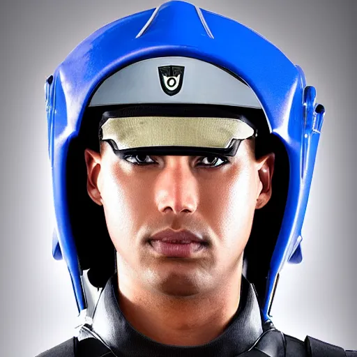 Image similar to a futuristic soldier captain with a metal visor and a blue shoulderpad