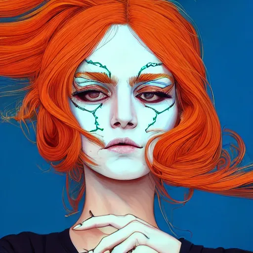 Prompt: portrait painting of a trendy woman with swept back wild orange hair, fashionable, windy, face paint, sharp focus, award - winning, trending on artstation, masterpiece, highly detailed, intricate. art by josan gonzales and moebius and deathburger