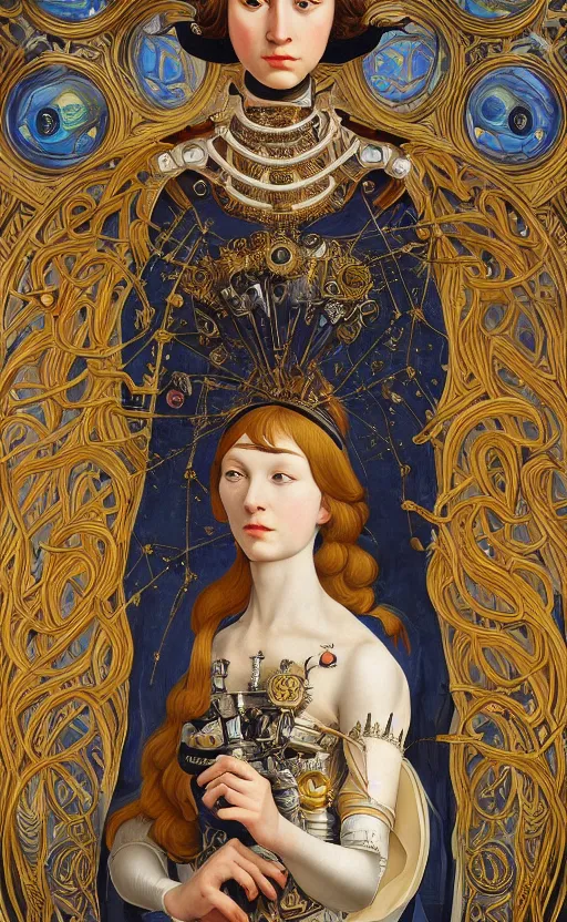 Image similar to beautiful mural of the young cyborg empress, piercing glowing robot eyes, elegant, royal ornamental gown, striking composition, highly detailed ornate sci fi background, mural in the style of sandro botticelli, caravaggio, albrecth durer, 8k