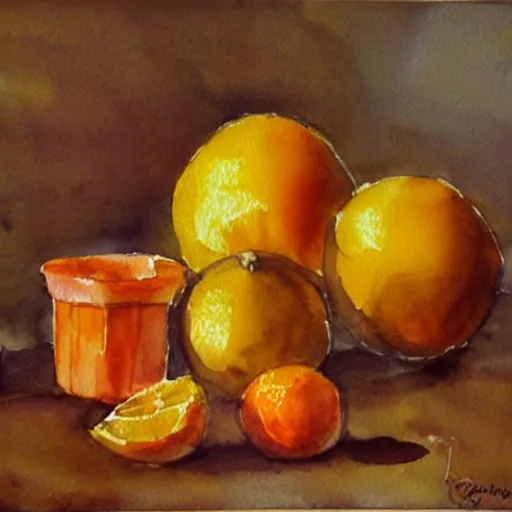 Prompt: oranges and lemons still life watercolor