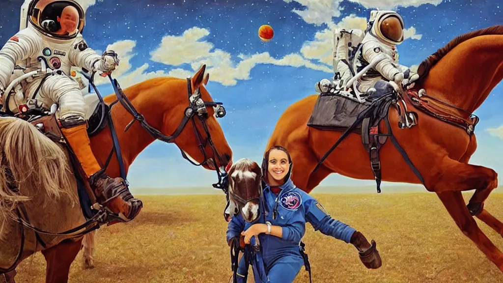 Prompt: an astronaut holds a horse, a horse is a ball, a horse riding an astronaut, art by cheval michael