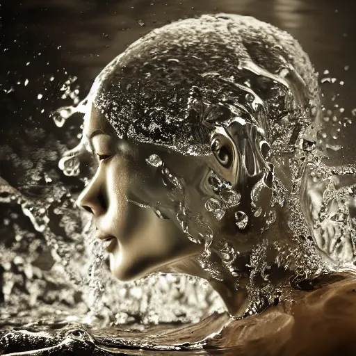 Image similar to water splashes forming a shape of a human head, water manipulation art, ray tracing, realistic water sharp focus, long shot, 8 k resolution, cinematic