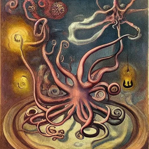 Prompt: Octopus Garden. El Greco, Remedios Varo, Salvador Dali, Carl Gustav Carus, John Atkinson Grimshaw. blues and pinks. Symetrical, logo, geometric shapes.