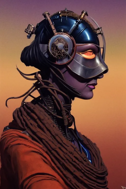 Image similar to sideview face portrait of a steampunk desert empress. by vincent di fate, james jean, dom qwek. inspired by igor goryunov andrei riabovitchev. madmax aesthetics. atmospherical, photorealistic retrofuturist concept art, trending on art station, cinematic, ultra detailed