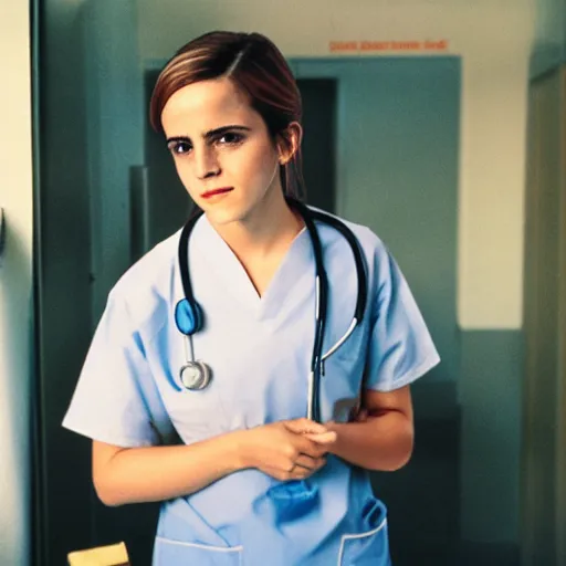 Prompt: emma watson, nurse scrubs, hospital, overwhelmed, award winning, kodak ektachrome expired blue tint,