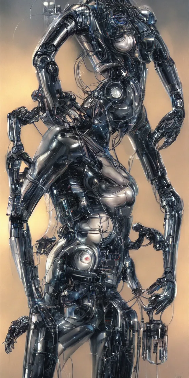 Image similar to beauty Blade Runner woman, robotic, cyberpunk, neon laser eyes, lots of cables and wiring, electrical details, trending on artstation, by Hajime Sorayama and Boris Vallejo