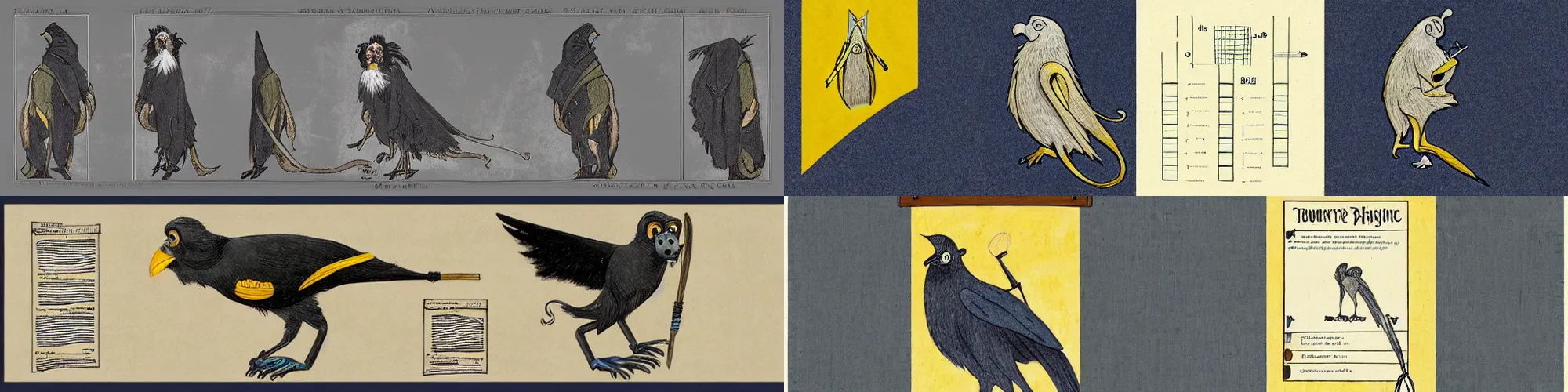 Prompt: character sheet of long - eared crow monkey wearing raincoat and using pitchfork, tonalist style, art nouveau illustration, payne's grey,, indigo, and azo yellow