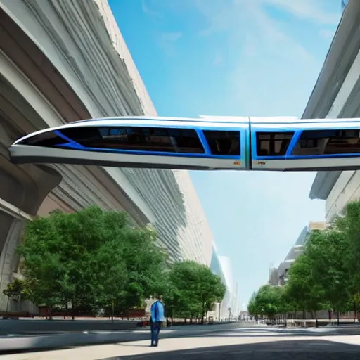 Image similar to futuristic designs for a segmented monorail on the sidewalk. design. utopia. future. eco friendly, realistic render, perfect city, 4 k