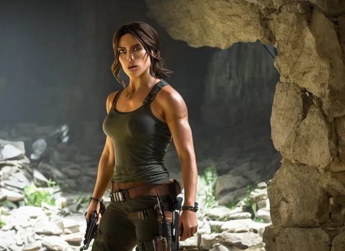 Image similar to film still of!!!! chloe bennett!!! as lara croft in new tomb raider movie, 8 k