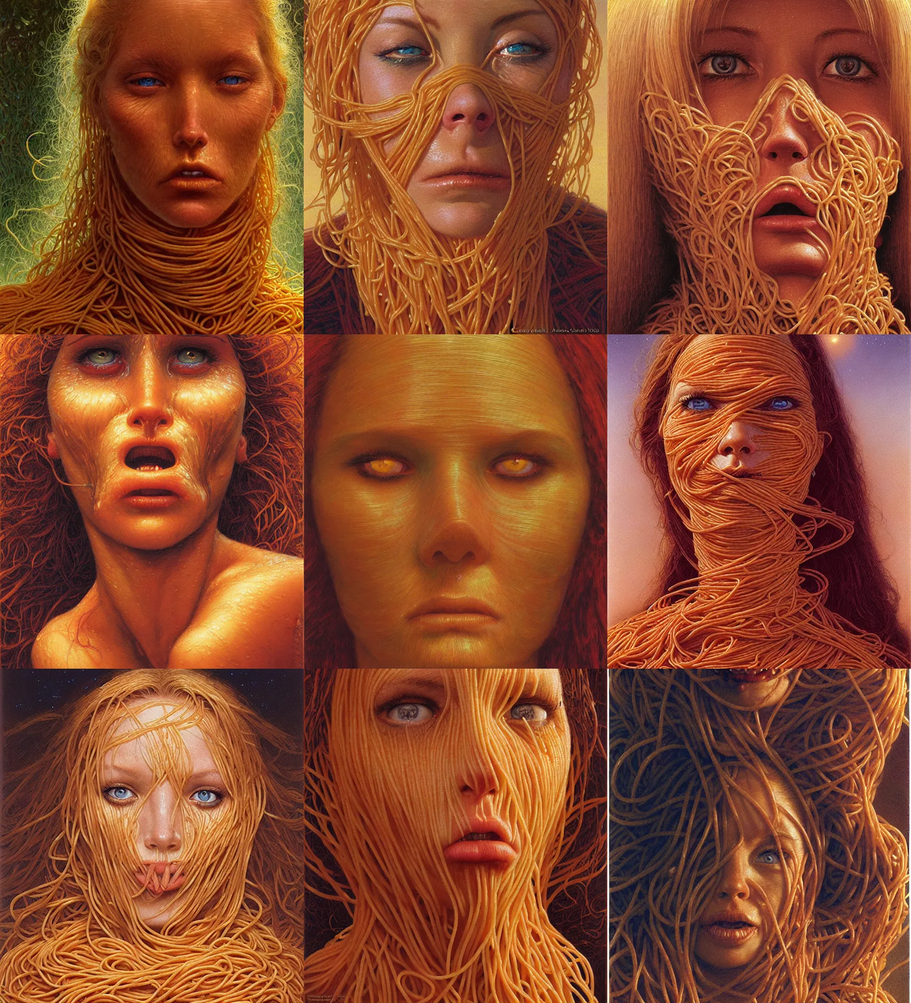 Prompt: woman's face completely consisting of and totally made from spaghetti pasta, epic composition, 2 0 0 mm focal length, donato giancola, tim hildebrandt, wayne barlow, bruce pennington, larry elmore