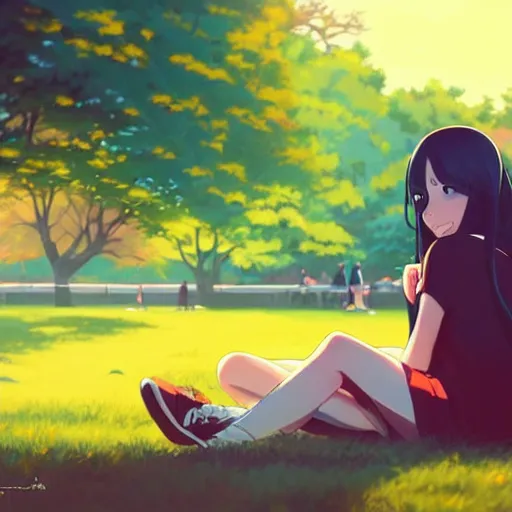 Image similar to a beautiful girl with long dark hair, sitting in the park next to a young boy who has dark hair, sunset, evening, sharp focus, intricate, artstation, official media, anime key visual, highly detailed, rich vivid colors, ambient lighting, illustration, art by Artgerm, Makoto Shinkai, Ilya Kuvshinov, Lois Van Baarle, and Rossdraws