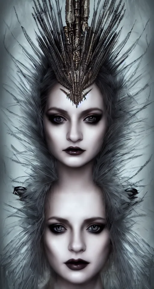 Image similar to a single faced portrait of the enchantress queen with a stunning timeless beauty, breathtaking eyes, perfect skin, feathered eyelashes, royal gothic dress with a lot of leather, heavy silent hill aesthetic, incredibly intricate, digital art, blender, houdini & photoshop, very elegant & complex, hyper-maximalist, overdetailed, epic cinematic quality, biblical art lighting, photorealistic, lifelike, OLED, DSLR HDR 8k, face is the focus, facial feature symmetry, hyper composed, created by Nixeu & z--ed from deviantart