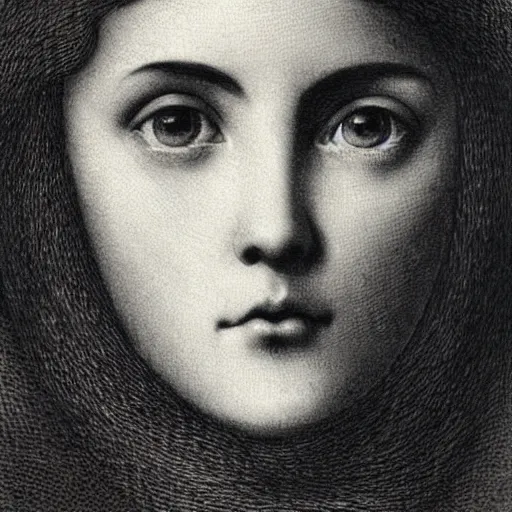 Image similar to extreme close-up, portrait of a young french woman from modern days, Gustave Dore lithography